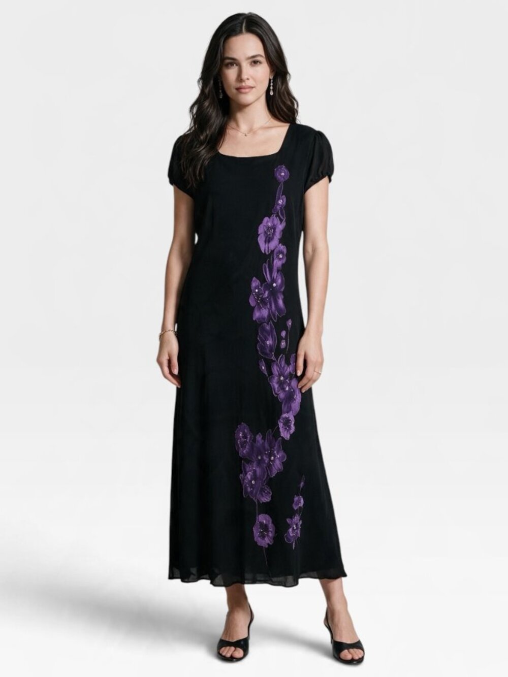 Vintage Y2K American Angel Beaded Maxi Dress 2X Black Purple Floral Whimsigoth